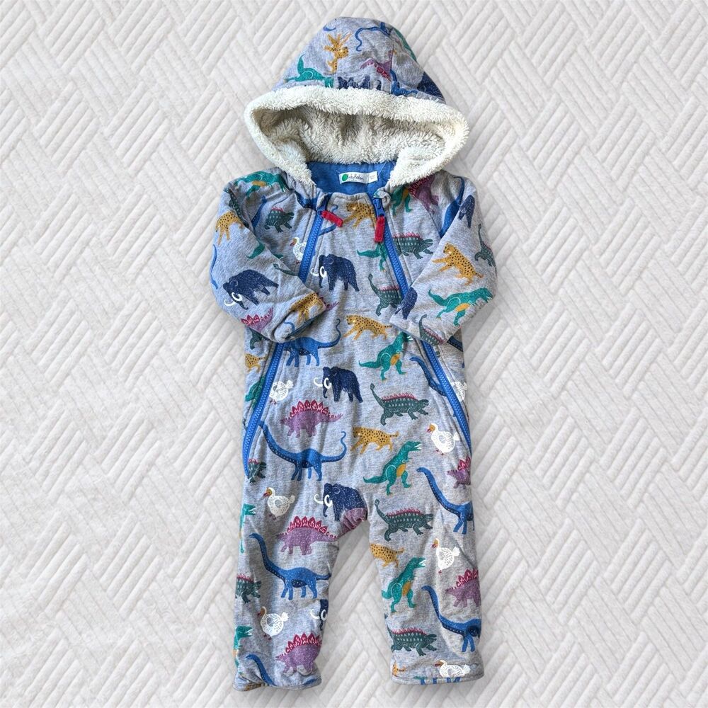 Baby Boden 12-18M Dinosaur Print Cotton Hooded Pramsuit Gray Blue Sherpa Lined